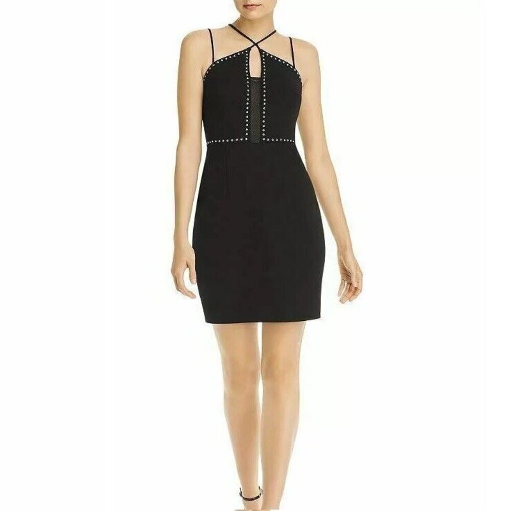 Avery G Womens 6 Black Studded Strappy Sleeveless Bodycon Mini Dress NWT CY51